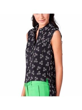 DIANE VON FURSTENBERG Silk Lensley Dancing Dots Sleeveless Hi-Low Top in Black-4
